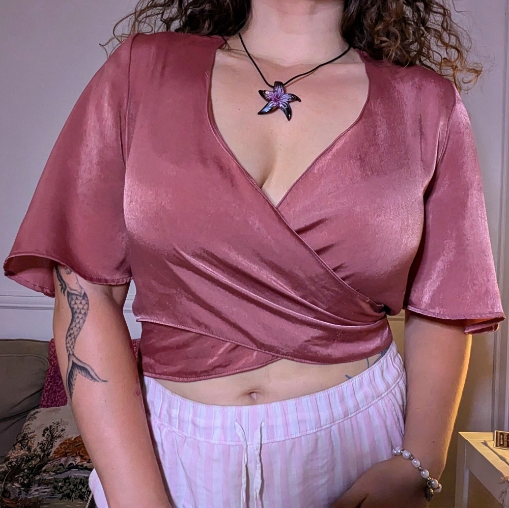 Pink Satin Wrap Top